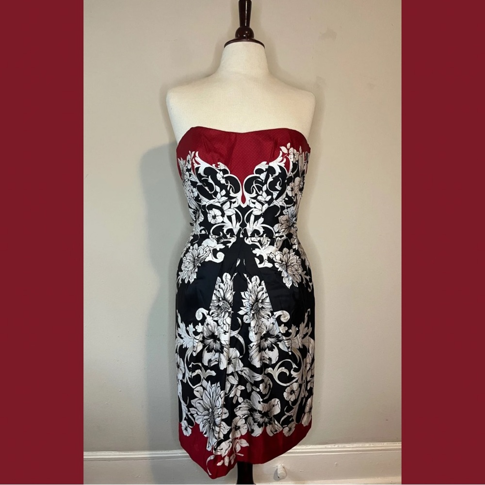 White House Black Market Red and Black Strapless Sheath Dress